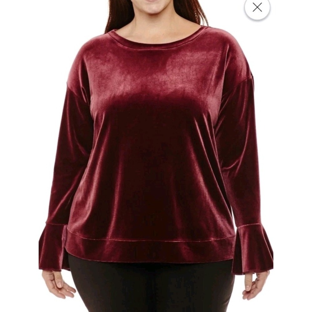 Worthington Velvet Blouse Top Maroon Berry Women's 1X Bell Sleeve NWT
